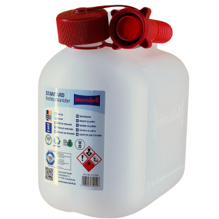 Petrol Can 5 Liter Clear. PREMIUM-Spout, UN-Certification and childsafe screw