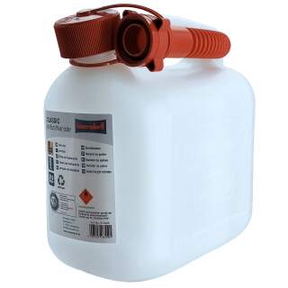 FuelFriend®-MAXI Benzinkanister 5 Liter – volltransparent – UN-/RKK-zugelassen – verstärkte Classic-Version von hünersdorff – PREMIUM-Auslaufrohr serienmäßig – kindersichere Verschraubung